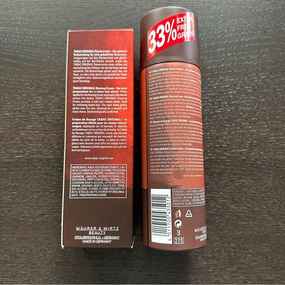 NEW in Box 2 Pack Tabac by Maurer & Wirtz for Men Shaving Cream & Foam 100/200ml